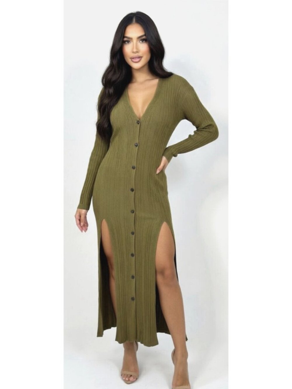 Free People Olive Green Ribbed Button front Maxi Midi Dress Cardigan Duster Sz S